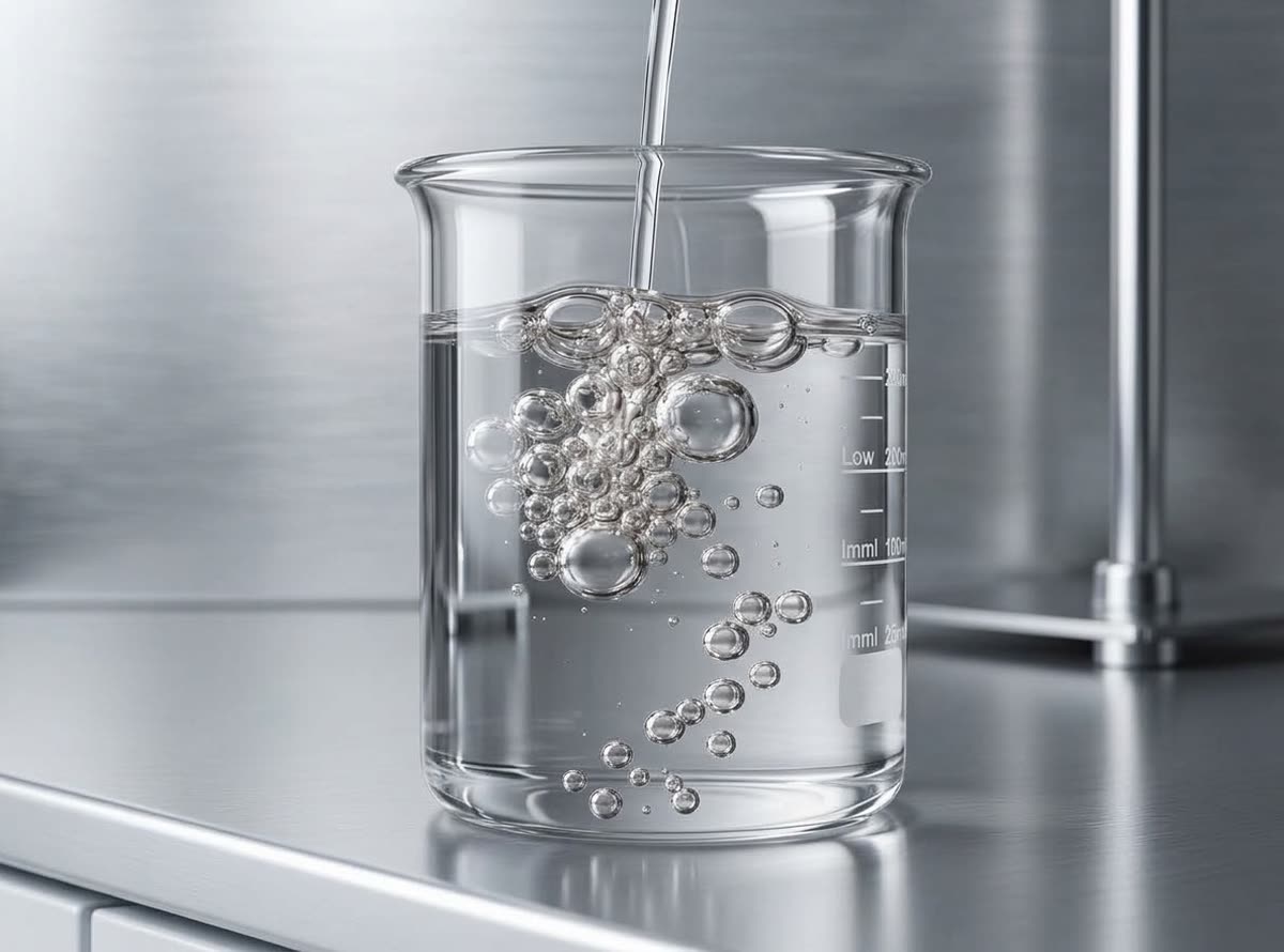 Clear liquid in a glass beaker with fine bubbles rising from a dropper