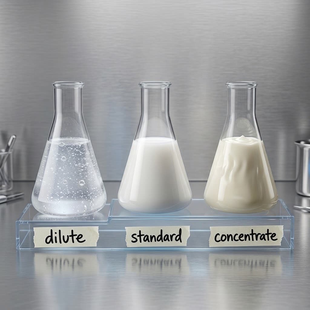 Three flasks labelled dilute, standard and concentrate, from clear to thick and milky