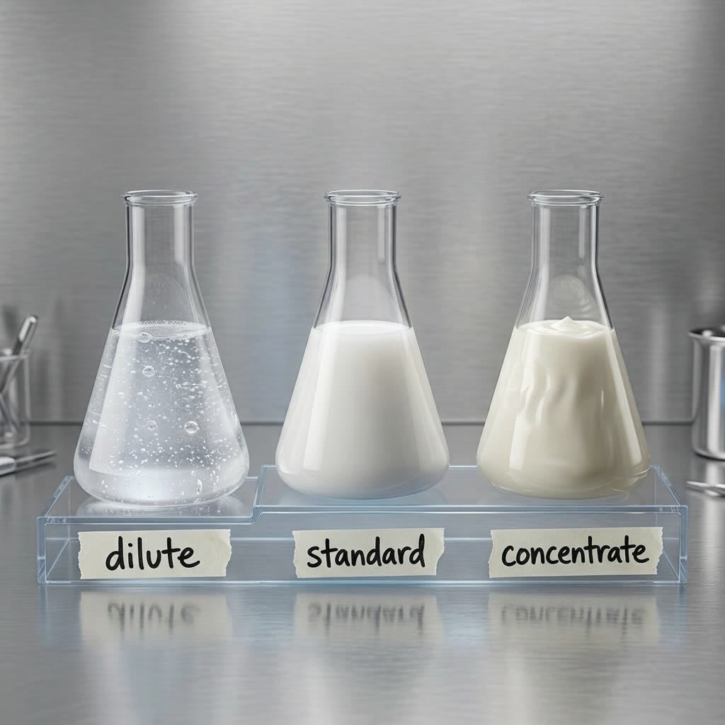 Three flasks labelled dilute, standard and concentrate, from clear to thick and milky