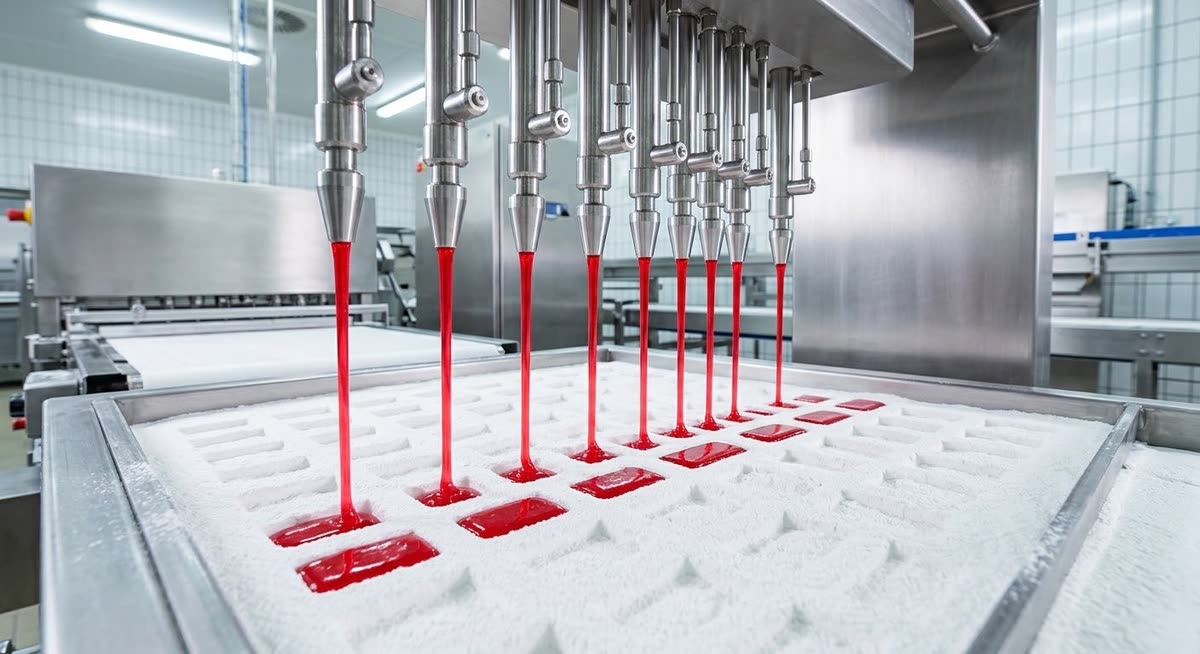 Depositor nozzles filling starch moulds with red gummy mass on a production line