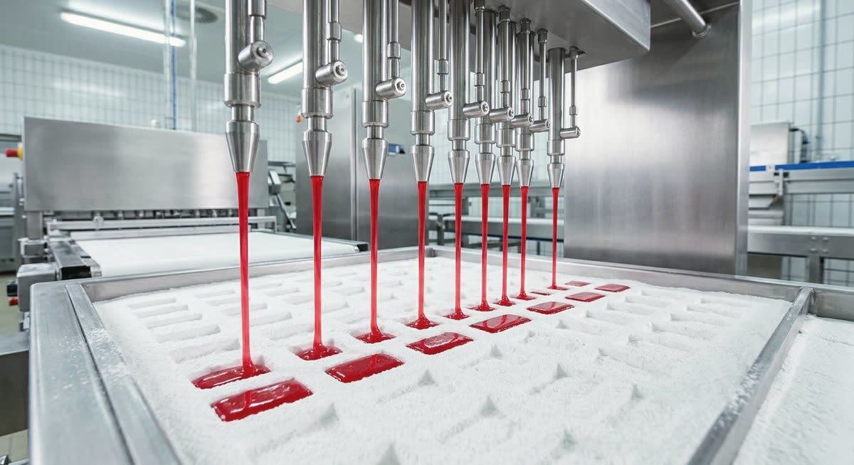 Depositor nozzles filling starch moulds with red gummy mass on a production line