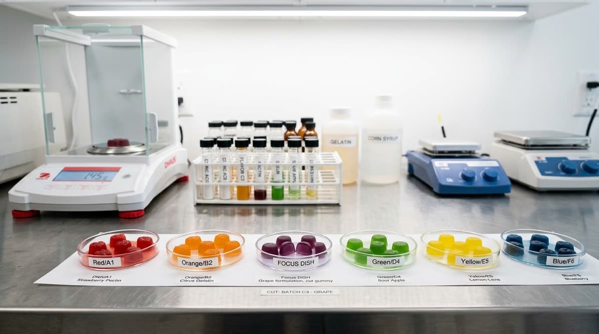 Formulation bench with six dishes of trial gummies in different colours, a balance, sample vials and hot plates
