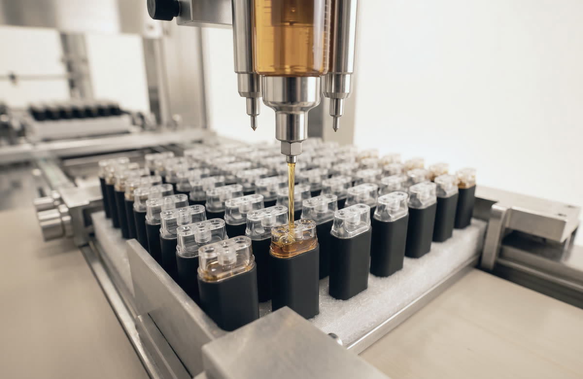 Filling nozzle dispensing amber oil into a tray of black vaporizer devices on a production line